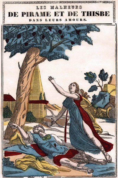 Nieszczęścia w ich miłości Pyramus (Pirame) i Thisbe, opowiedziane przez Owidiusza w „Metamorfozach”. Obraz Epinal autorstwa French School