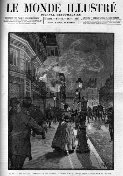 Nowe alarmy przeciwpożarowe w Paryżu w 1888 r. Okładka „Świata ilustracyjnego” z 1888 r. autorstwa French School