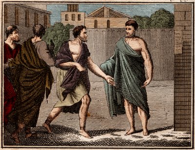Ostracyzm Arystydesa Sprawiedliwego (ok. 530–468 p.n.e.), starożytnego greckiego (ateńskiego) żołnierza i męża stanu. autorstwa French School