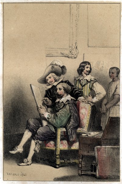 Malarz Diego Velasquez (1599-1660) witający w swojej pracowni Pierre Paul (Pierre-Paul) Rubens (lub Peter Paul lub Petrus Paulus) (1577-1640). Talerz zaczerpnięty z graweru „”Sceny de la vie des hommes słynne””” w dwóch odcieniach autorstwa Valerio. 1843. autorstwa French School