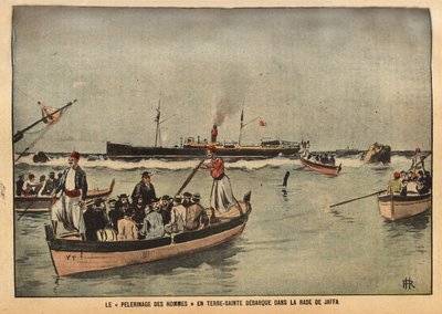 Pielgrzymka mężczyzn w Ziemi Świętej w Jaffie (Izrael). Rycina w "Le pelerin" 8/09/1901. Kolekcja Selva. autorstwa French School