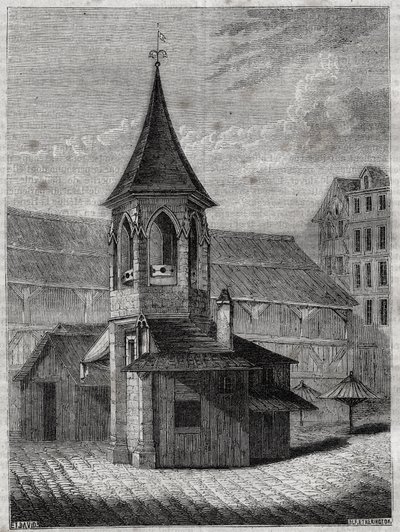 Pręgierz hal w XVIII wieku, zbudowany na starym cmentarzu Niewiniątek - Rycina w „Historia fizyczna, obywatelska i moralna Paryża: od najwcześniejszych czasów historycznych do współczesności” Jacques Antoine Dulaure autorstwa French School