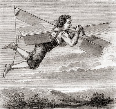Rzekomy lot francuskiego ślusarza Jacoba Besniera z pomocą samodzielnie zaprojektowanego aparatu latającego w 1678 r., z "Les Merveilles de la Science", opublikowanego ok. 1870 r. (litografia) autorstwa French School