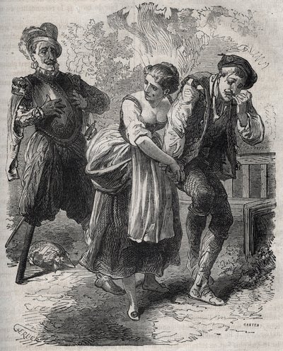 Powrót Martina Guerre (ok. 1524, ok. 1560): pojawił się przed swoją żoną Bertrande de Rols i uzurpatorką jego tożsamości, oszustem Arnaud du Tilh (Thil). Grawerunek z 1871 r. w „Histoire Des Cocus Celebres” autorstwa Henry