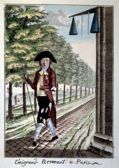 Powrót emigranta pod koniec rewolucji francuskiej. Szlachetne podarte ubranie, które uciekło z miasta podczas rewolucji. Rycina z XIX-wiecznego Paryża, Musee Carnavalet autorstwa French School