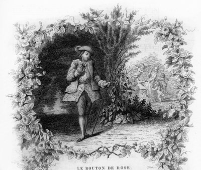 Różany guzik. Samotny i romantyczny młodzieniec w ogrodzie, na dnie którego amorek otacza młodą kobietę. Grawer w „”Chants et chansons populaire de la France””, Tom 2 autorstwa French School