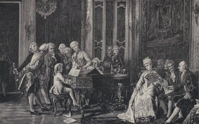 Siedmioletni Wolfgang Amadeusz Mozart grający przed królem Jerzym III w Londynie, 1764 autorstwa French School