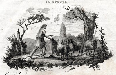 Pasterz. Bajka o Esope. (Grecki pisarz Esopo lub Ecopus, VI wpne) Napisane przez Guillaume Montfort i Gravees przez Beauble w 1801 roku. autorstwa French School