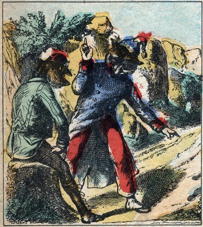 Chory lew i lis. Bajki Jean de La Fontaine (1621-95). Obrazowanie epinal z końca XIX wieku. autorstwa French School