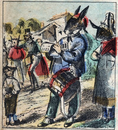 Chory lew i lis. Bajki Jean de La Fontaine (1621-95). Obrazowanie epinal z końca XIX wieku. autorstwa French School