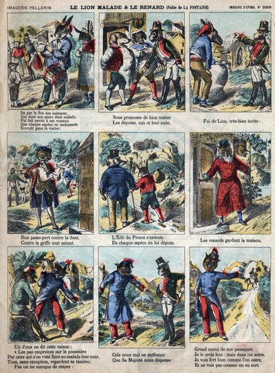 Chory lew i lis. Bajki Jean de La Fontaine (1621-95). Obrazowanie epinal z końca XIX wieku. autorstwa French School