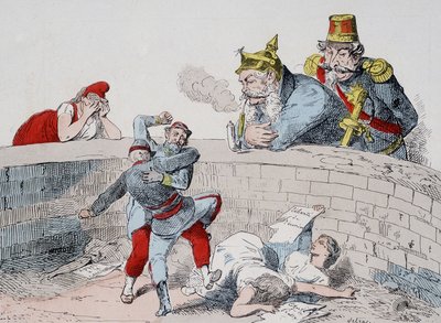 Sytuacja - Gauillaume: Musimy pomóc szalonym ludziom, Badingue (Napoleon III): Niech zrobią to mój bracie, nadejdzie czas na interwencję, kiedy oni (Paryżanie) pożrą samych siebie. Karykatura o Gminie. autorstwa French School