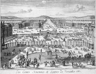 Stajnie i bramy Wersalu widziane z Pałacu, 1683 autorstwa French School