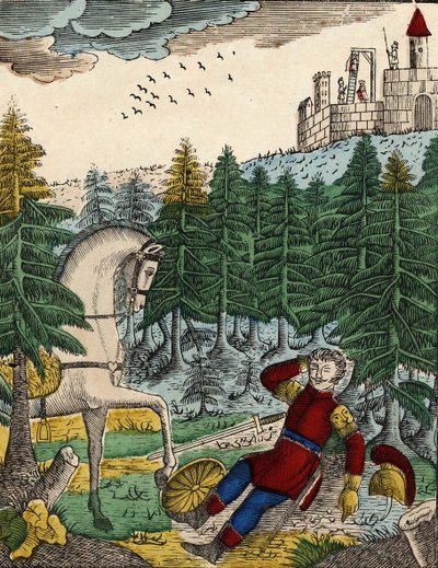 Historia czterech synów Aymona; Bayard, słysząc odgłosy żołnierzy, których Ripas miał przy sobie, by powiesić Richarda, budzi Regnaulta uderzając w jego tarczę, obraz dziewiętnastowiecznego kręgosłupa. autorstwa French School