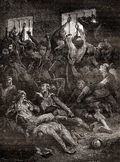 Cierpienie i śmierć z powodu słabej wentylacji angielskich jeńców w Czarnej Dziurze w Kalkucie, małym lochu w starym Forcie William w Kalkucie w Indiach, gdzie żołnierze Nawaba z Bengalu, Siraj ud-Daulah, przetrzymywali brytyjskich jeńców wojennych po c autorstwa French School