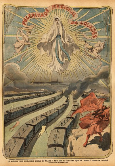 Pociągi zmierzające do narodowej pielgrzymki do Lourdes są witane przez figurę Maryi autorstwa French School