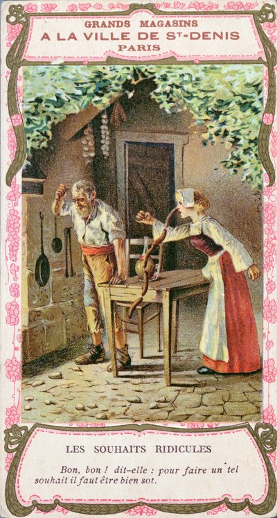 Żona z kiełbasianym nosem, ilustracja do bajki Perraulta Trzy życzenia (Les Trois Souhaits), koniec XIX w. autorstwa French School
