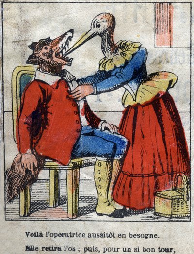 Wilk i bocian. Bajki Jean de La Fontaine (1621-95). Obrazowanie epinal z końca XIX wieku. autorstwa French School
