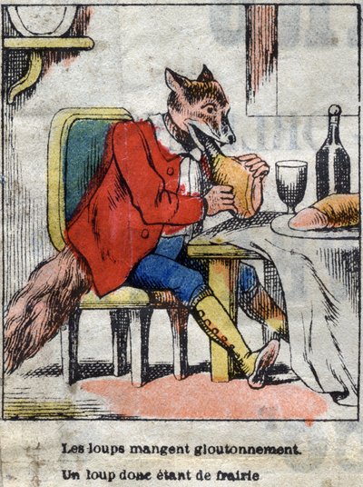 Wilk i bocian. Bajki Jean de La Fontaine (1621-95). Obrazowanie epinal z końca XIX wieku. autorstwa French School