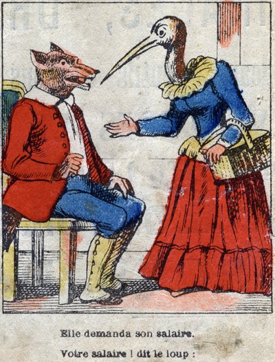 Wilk i bocian. Bajki Jean de La Fontaine (1621-95). Obrazowanie epinal z końca XIX wieku. autorstwa French School