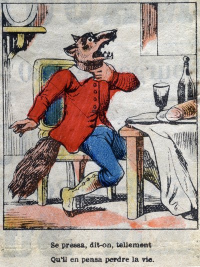 Wilk i bocian. Bajki Jean de La Fontaine (1621-95). Obrazowanie epinal z końca XIX wieku. autorstwa French School