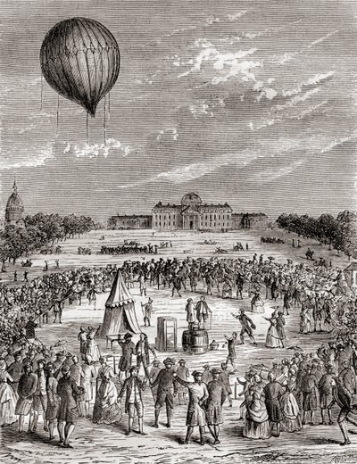 Pierwszy na świecie balon wodorowy, wystrzelony nad Polami Marsowymi w Paryżu w 1783 r. z Les Merveilles de la Science, opublikowany ok. 1870 r. (rycina) autorstwa French School