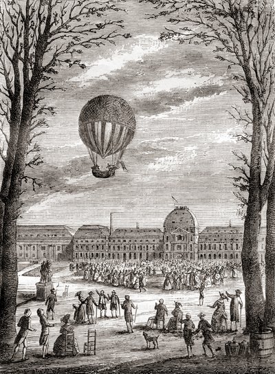 Pierwszy na świecie załogowy lot balonem wodorowym nad Polami Marsowymi w Paryżu, Francja, 1 grudnia 1783 r., pilotowany przez Nicolasa-Louisa Roberta i profesora Jacquesa Charlesa, z Les Merveilles de la Science, opublikowanego ok. 1870 r. (rycina) autorstwa French School