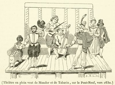 Teatr w plenerze Mondor i Tabarin, na Pont-Neuf, ok. 1630 (rycina) autorstwa French School