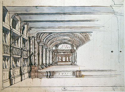 Scena teatralna i widownia z lożami, koniec XVII wieku (pióro, tusz i wash na papierze) autorstwa French School