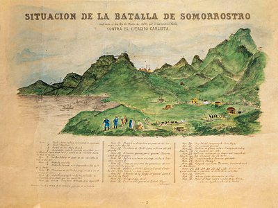 Trzecia wojna karlistów (1872-1876): opis bitwy pod Somorrostro w Kraju Basków w dniu 25.03.1874 (rycina) autorstwa French School