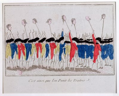 Tak karze się zdrajców, sankiuloty niosące głowy zgilotynowanych, 1789 autorstwa French School