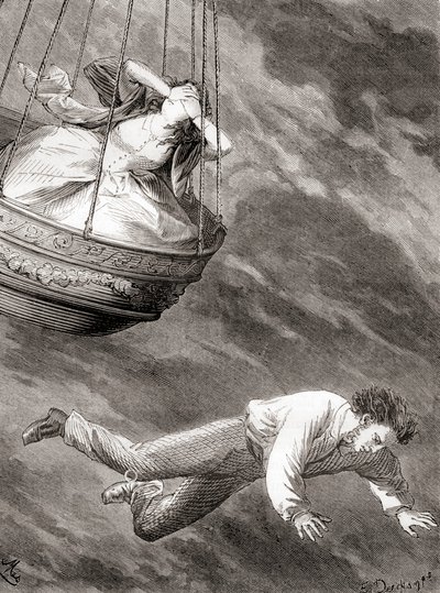 Thomas Harris, pomysłowy londyński naukowiec, porucznik i pionierski angielski baloniarz, który spadł z balonu na ogrzane powietrze 25 maja 1824 r., z „Les Merveilles de la Science”, opublikowanej ok. 1870 r. (lito) autorstwa French School