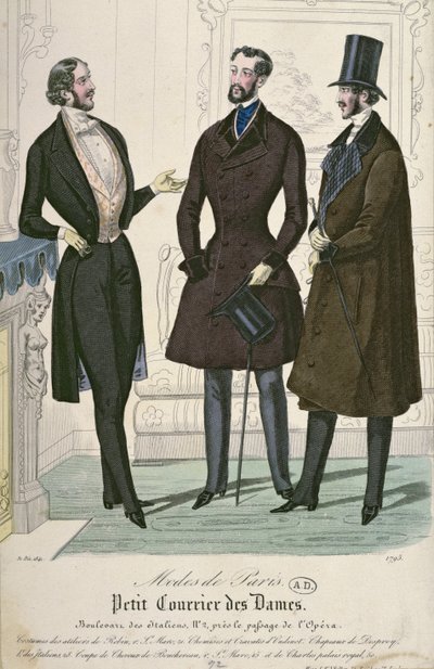 Trzech eleganckich młodych mężczyzn, 1841 (kolor grawerowany) autorstwa French School