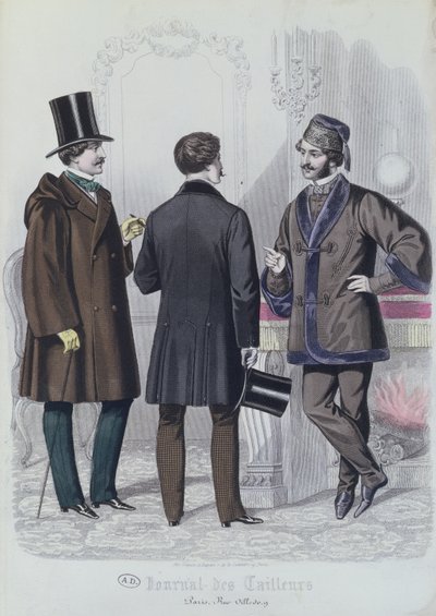Trzech eleganckich młodzieńców, grudzień 1856 (kolor grawerowany) autorstwa French School