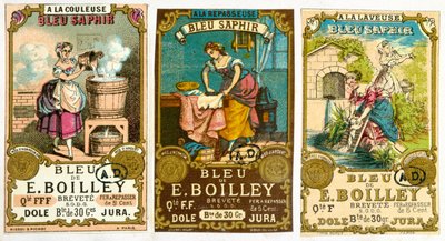 Trzy etykiety proszku do prania marki Bleu de E. Boilley, 1878 autorstwa French School