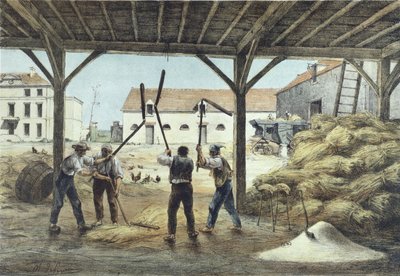 Młócenie kukurydzy, ilustracja z podręcznika szkolnego Enseignement par les yeux, 2. poł. XIX w. autorstwa French School