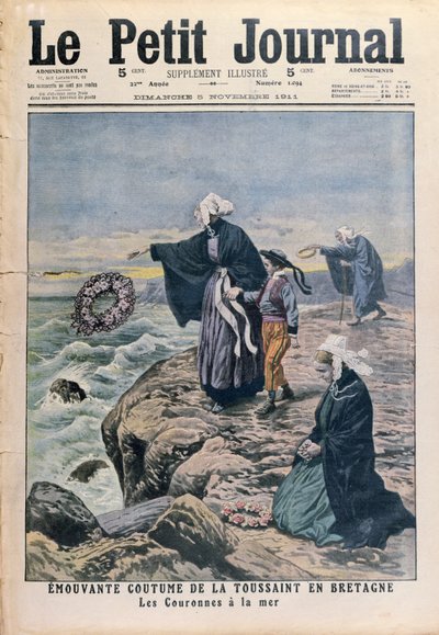 Rzucanie wieńców do morza w Dzień Wszystkich Świętych w Bretanii, ilustracja na okładce z Le Petit Journal, 5 listopada 1911 autorstwa French School