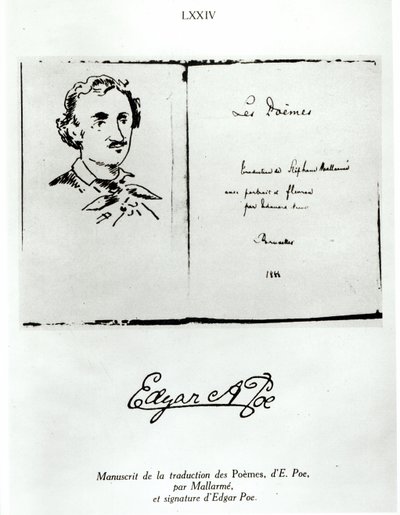 Strona tytułowa Les Poemes Edgara Allana Poe (1809-49) w przekładzie Stephane Mallarme (1842-98) z portretem autora, 1888 autorstwa French School