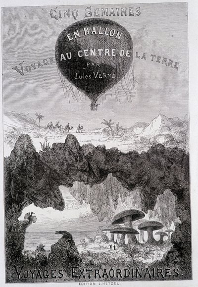 Strona tytułowa: „”Pięć tygodni w balonie”i„Podróż do wnętrza Ziemi””Jules Verne, sd. Edycje Hetzel pod ogólną nazwą „Les Voyages Extraordinary”” autorstwa French School