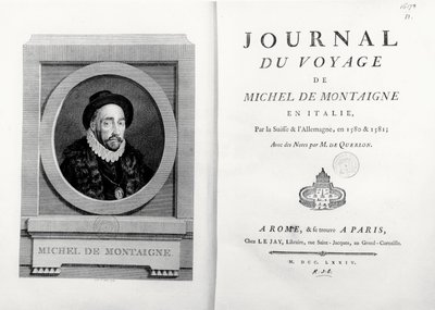 Strona tytułowa i frontyspis z portretem autora autorstwa A. de Saint Aubin, z „Journal de Voyage en Italie 1580 et 1581 de Michel de Montaigne” autorstwa French School