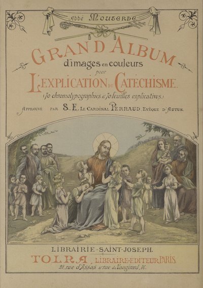 Strona tytułowa dużego albumu kolorowych obrazów do wyjaśnienia Katechizmu (kolor lito) autorstwa French School