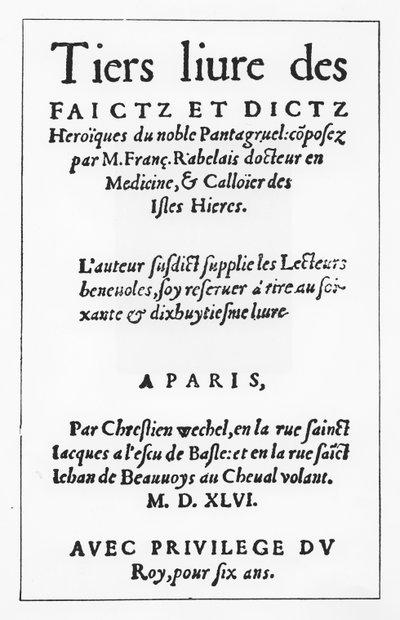 Strona tytułowa „Le Tiers livre des Faicts et Dicts Heroique du Bon Pantagruel” François Rabelais (rycina) autorstwa French School