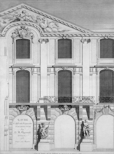 Strona tytułowa księgi grawerowanych tabliczek z projektami Oppenordów, wydanej w 1745 r autorstwa French School