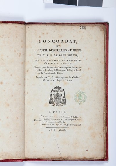 Strona tytułowa Concordat et Recueil des Bulles et Briefs de N.S.P. le Pape Pius VII, wydanej przez Giovanni Battista Caprara, Paryż, Chez Le Clers, 1802 (papier drukowany) autorstwa French School