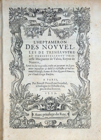 Strona tytułowa „” Heptameron”””: opowieści lub wiadomości Margarity z Nawarry (Marguerite of Valois, Marguerite of Angouleme lub Marguerite of France (1492-1549) Królowa Nawarry i poetka autorstwa French School