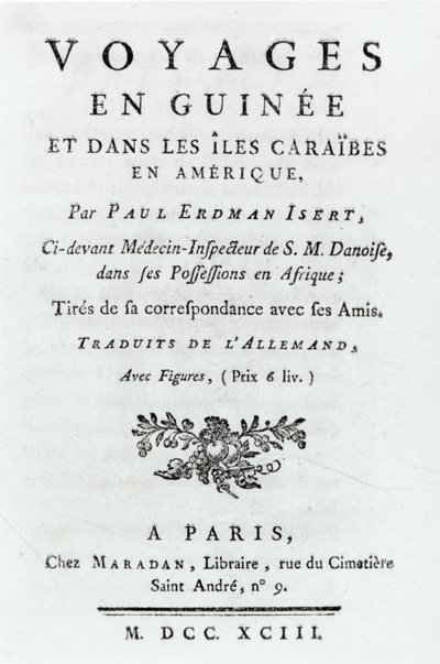 Strona tytułowa Travels in Gwinea and the Caribbean Islands in America autorstwa Paula Erdmana Iserta, opublikowana w 1743 r. autorstwa French School