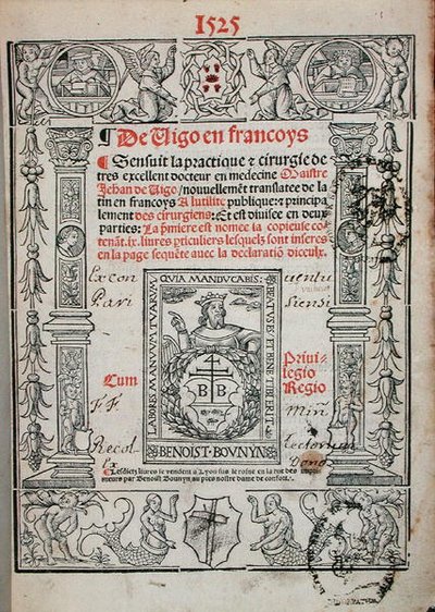 Strona tytułowa z książki o chirurgii Jeana de Vigo (1460-1525) 1525 (drzewryt) autorstwa French School
