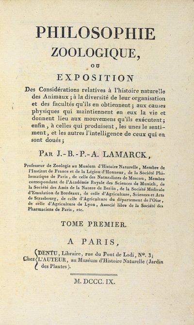 Strona tytułowa „Filozofii zoologicznej” Jean-Baptiste Lamarcka, wydanej w Paryżu, 1809 r. autorstwa French School