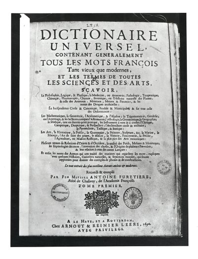 Strona tytułowa Dictionnaire Universel Antoine Furetiere (1619-88) 1690 (druk) autorstwa French School