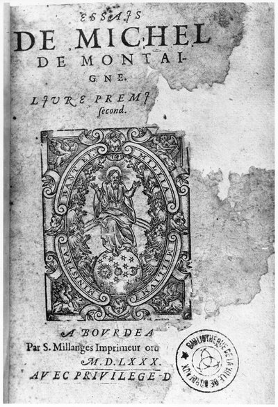 Strona tytułowa pierwszego wydania Essais Michela de Montaigne (1533-92) 1580 autorstwa French School
